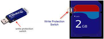 Examples of write protection switches on a USB flash drive and a full-size SD card