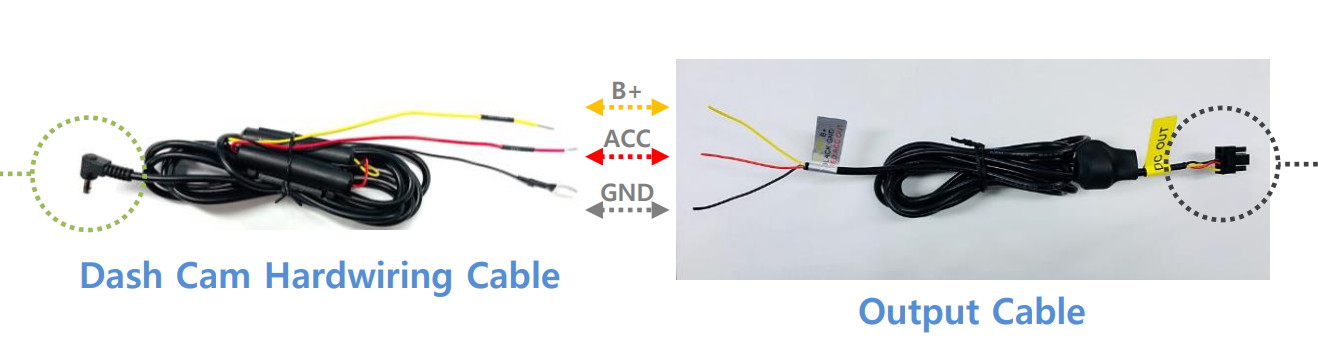iVolt External Battery Pack output cable wires connected to the dash cam Hardwiring Cable