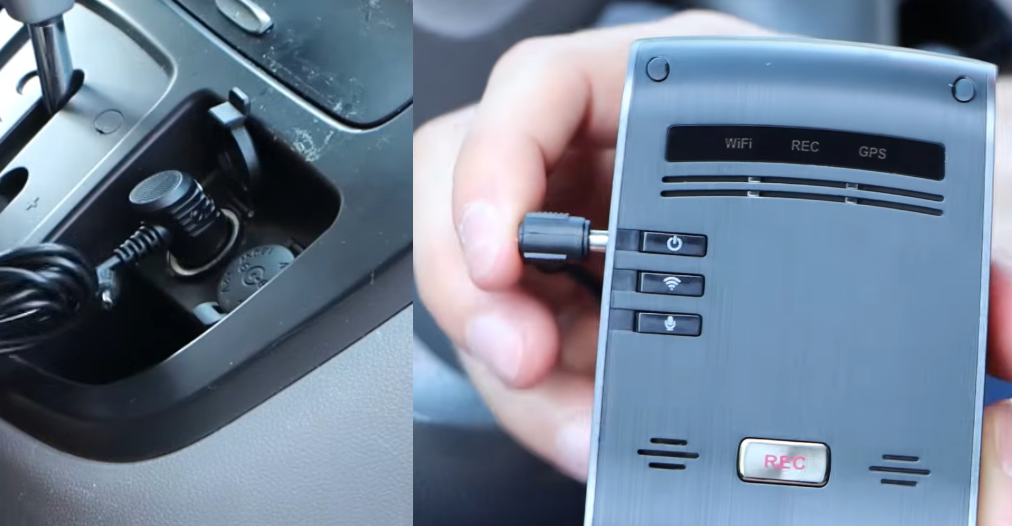 THINKWARE 12V Car Charger Cable plugged into a vehicle auxiliary power socket and connected to a front dash cam