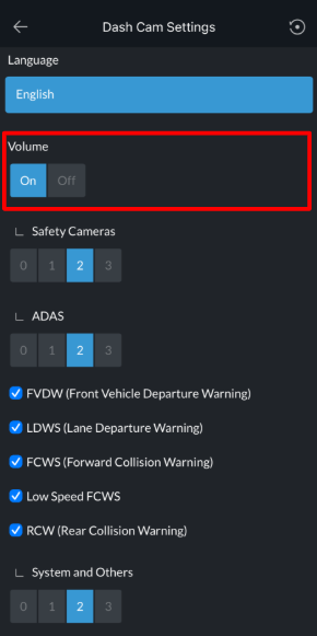 THINKWARE app settings showing Volume On and separate alert volume levels