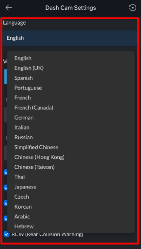 THINKWARE app Dash Cam Settings showing the expanded Language options