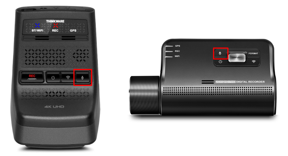 Diagram highlighting the THINKWARE dash cam microphone button and the instruction Press Briefly