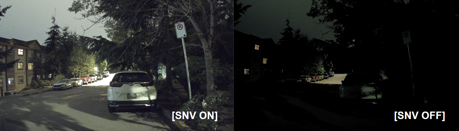 Nighttime parking footage with Super Night Vision off and on