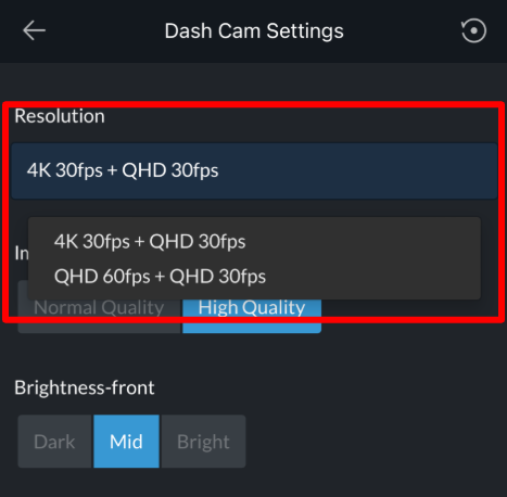 Smartphone screen displaying resolution options in THINKWARE DASH CAM LINK app