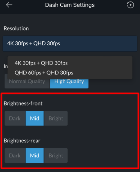 THINKWARE DASH CAM LINK app Camera Settings screen showing both front and rear brightness set to Mid
