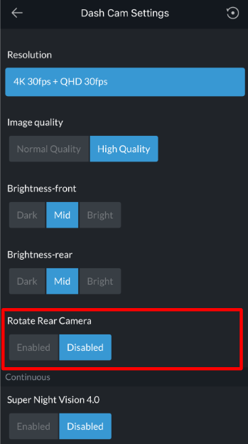 THINKWARE app Dash Cam Settings screen highlighting Rotate Rear Camera with Enabled and Disabled options