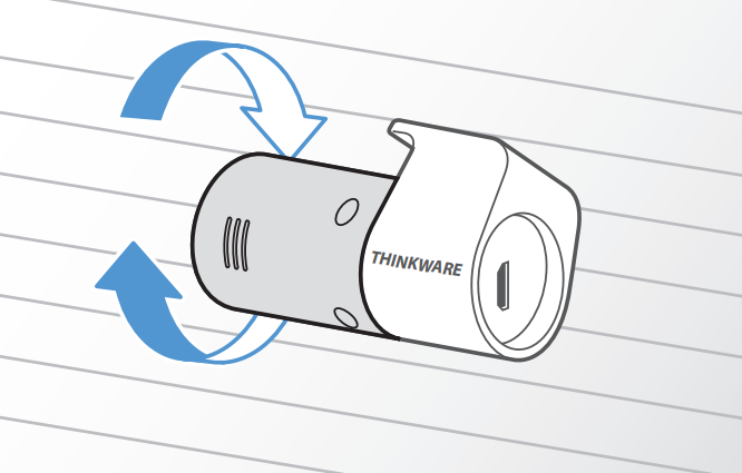 THINKWARE rear camera mounted on a rear windshield with arrows showing camera rotation
