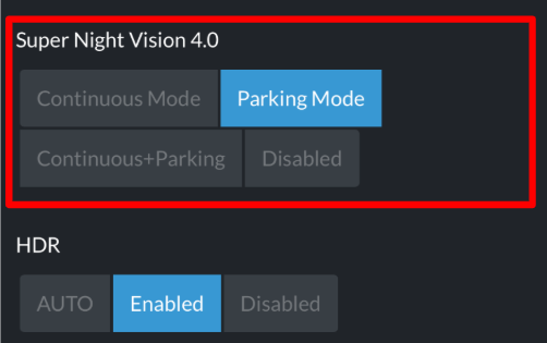 Smartphone display selecting Super Night Vision recording modes in THINKWARE DASH CAM LINK app