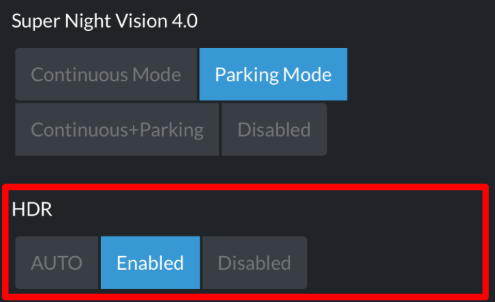 THINKWARE app settings with HDR set to AUTO