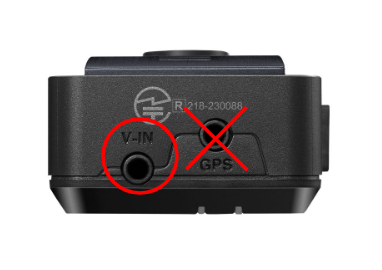 THINKWARE dash cam side panel with the V-IN rear camera port circled and the GPS port crossed out