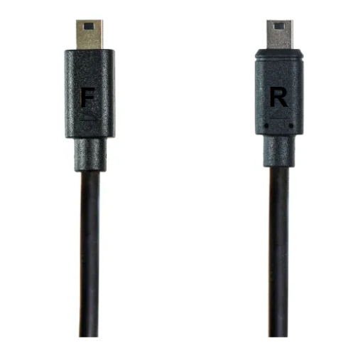 Close-up of rear camera cable connectors showing 'F' FRONT label and 'R' REAR label