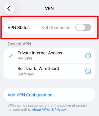 Phone VPN setting disabled before a local dash cam connection