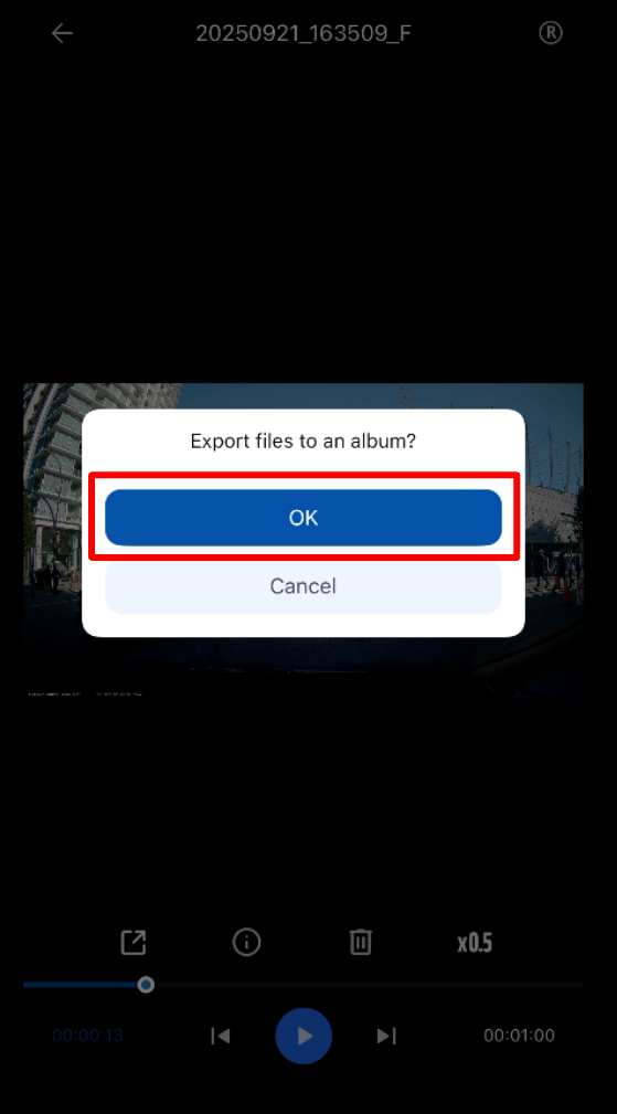 THINKWARE app Export files to an album confirmation with OK highlighted