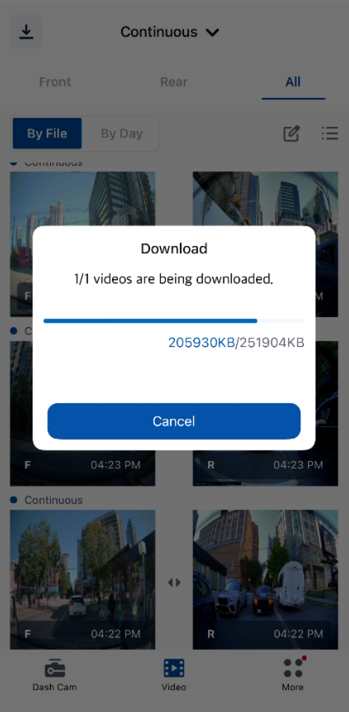 THINKWARE app showing video download progress