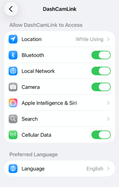 iPhone DashCamLink settings showing Location, Bluetooth and Local Network permissions