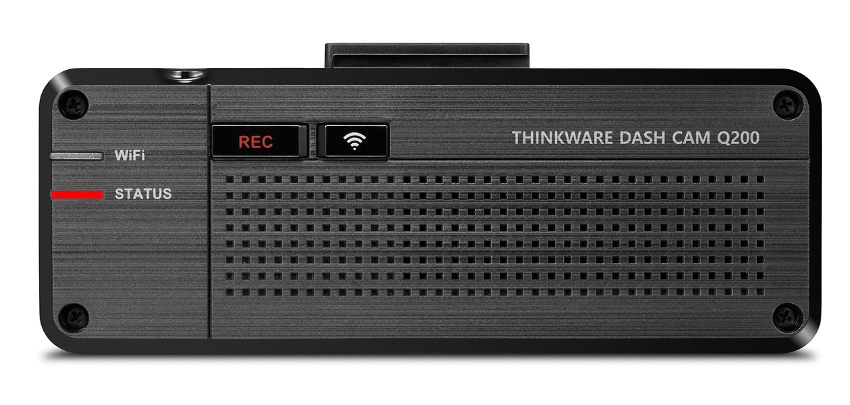 THINKWARE dash cam mounted on windshield displaying solid red status LED indicator