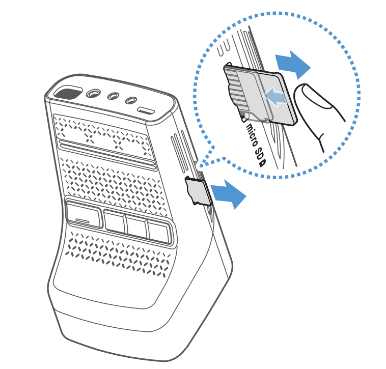 Diagram showing a microSD card being pressed and removed from a THINKWARE F200 PRO dash cam