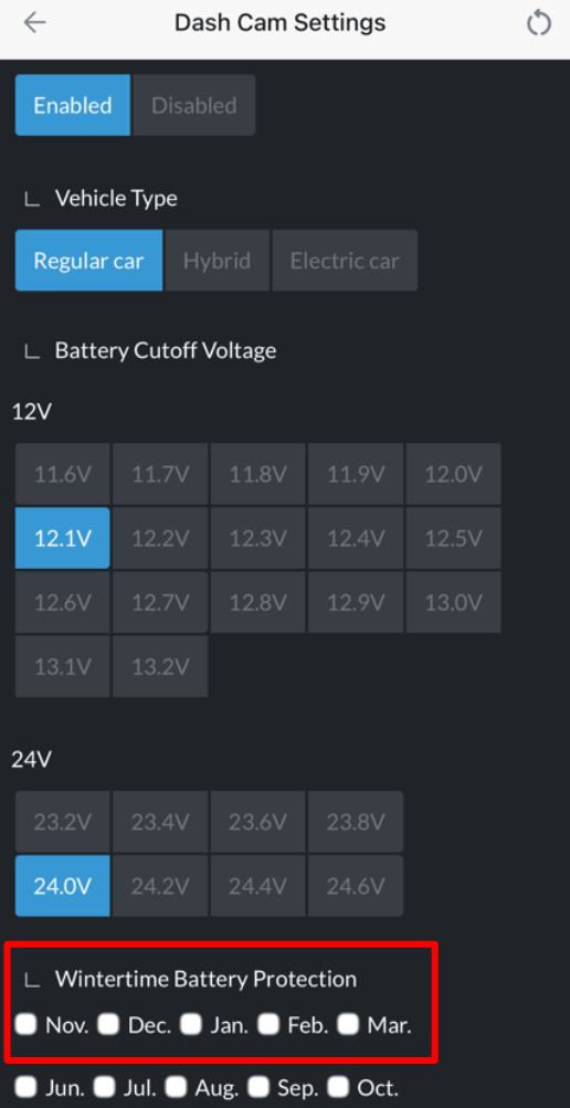 THINKWARE app Wintertime Battery Protection checkboxes for November through March