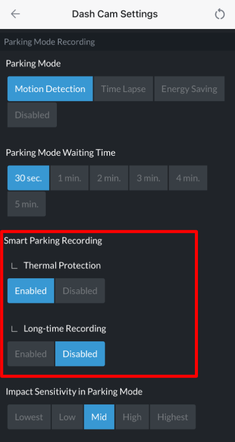 Smart Parking Recording option in the THINKWARE mobile app settings