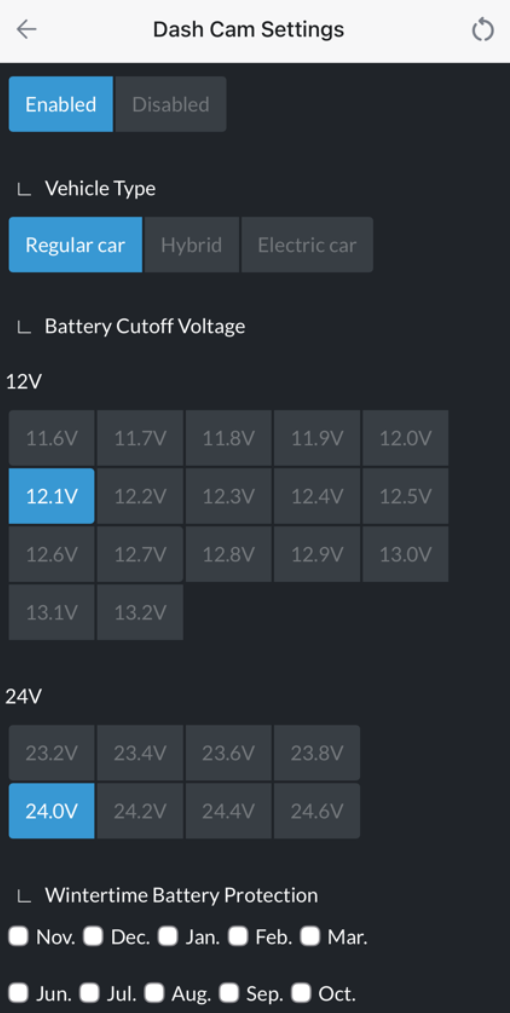 THINKWARE app showing vehicle type and 12V and 24V battery cutoff voltage choices