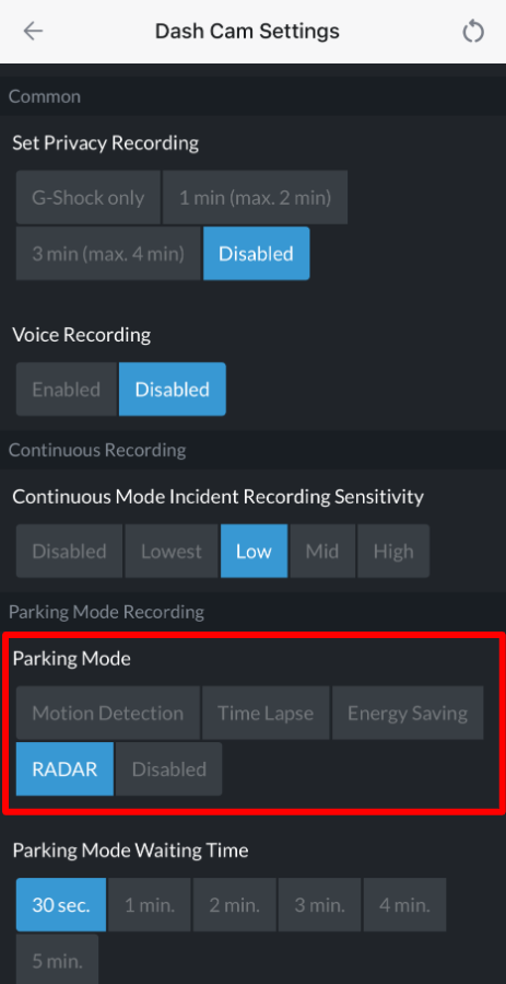 THINKWARE app Parking Mode choices with RADAR selected