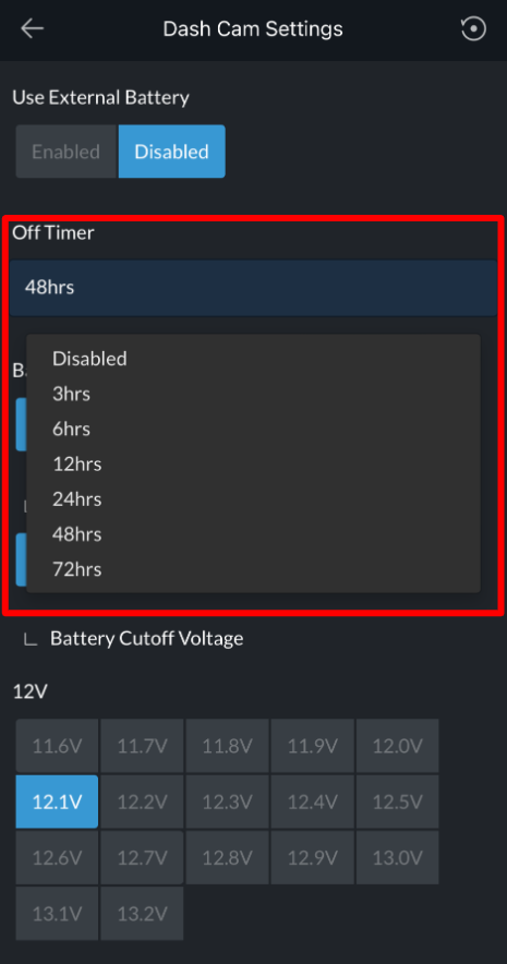 Off Timer setting showing Disabled and the available hour options