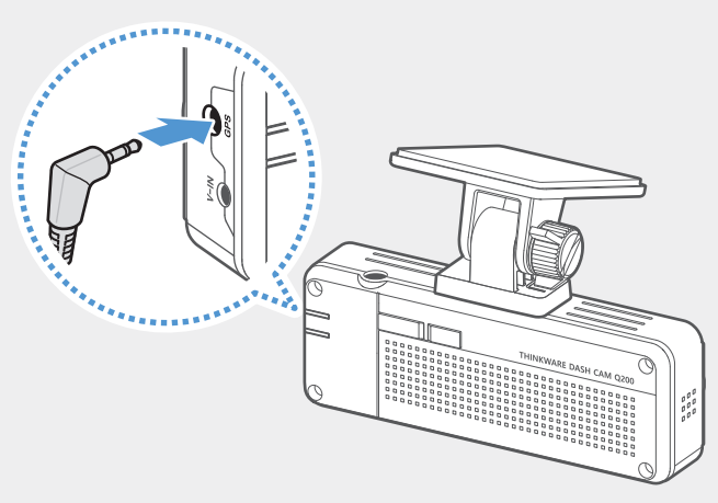  Close-up of 2.5mm external GPS cable plug inserting into dash cam GPS port