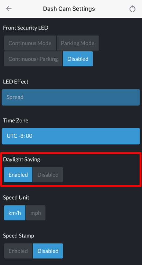 Smartphone display showing Daylight Saving Time toggle in THINKWARE DASH CAM LINK app
