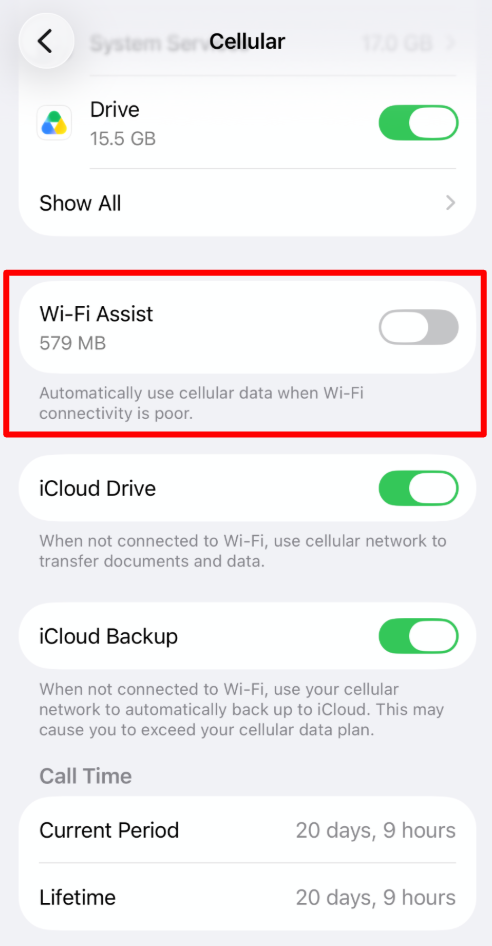 iPhone Cellular settings screen displaying disabled Wi-Fi Assist toggle at bottom of menu