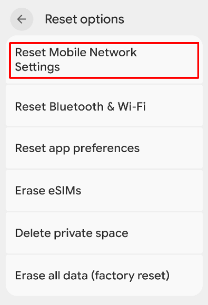 Reset Network Settings option in Android settings