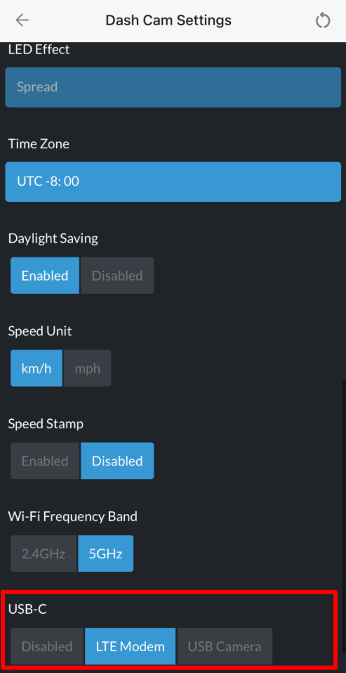 USB-C setting with LTE Modem selected