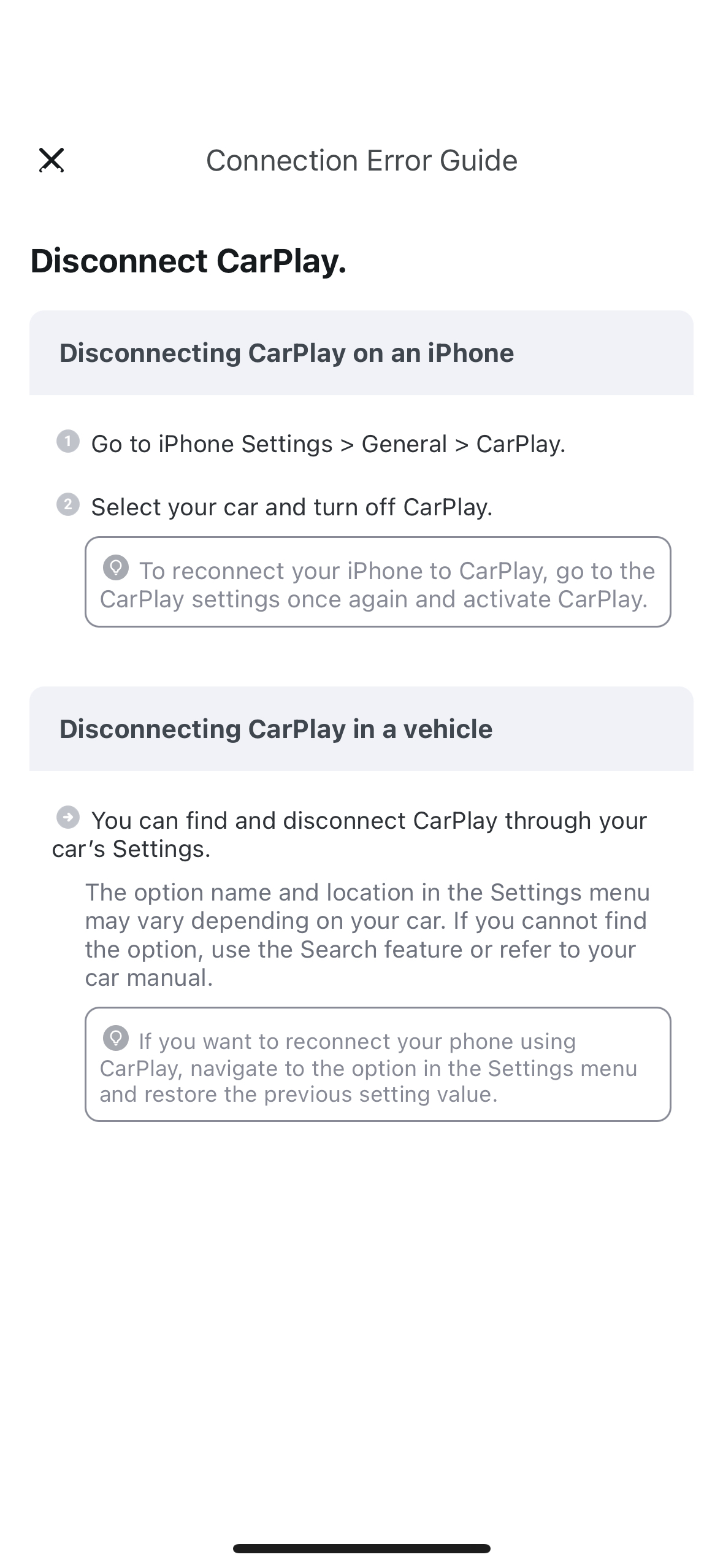 Connection Error Guide showing how to disconnect CarPlay on an iPhone or in a vehicle