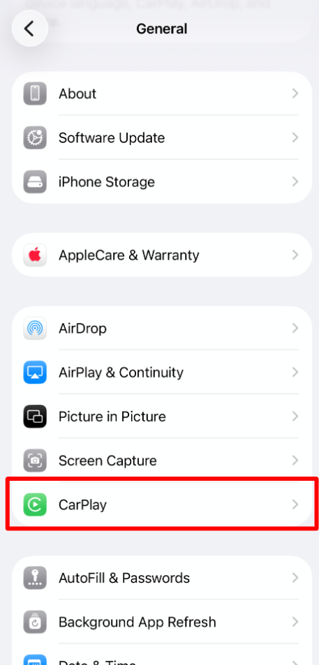  iPhone General settings with CarPlay highlighted