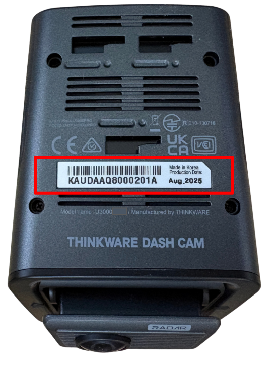 Dash Cam Serial Number printed on the barcode sticker on the camera body