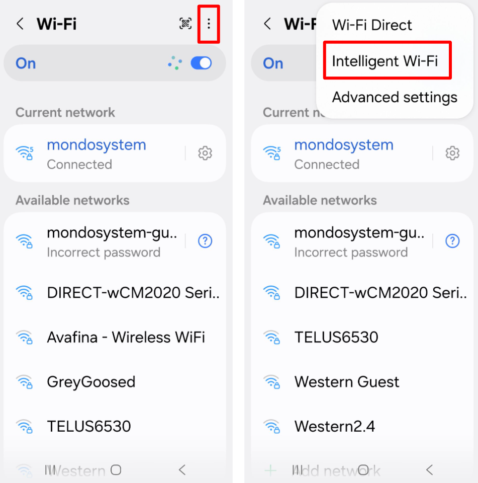 Showing Intelligent Wi-Fi in the Wi-Fi settings.