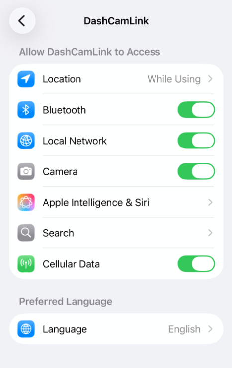 Bluetooth Local Network and Location permissions for the THINKWARE app