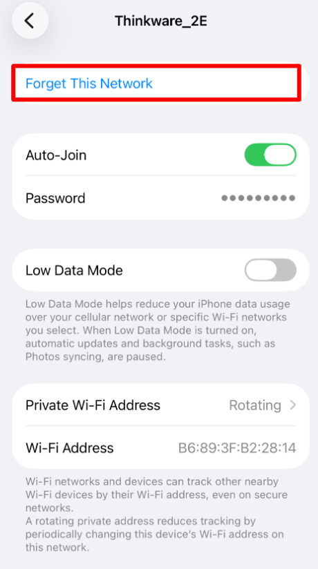 Showing Forget This Network settings on THINKWARE Wi-Fi