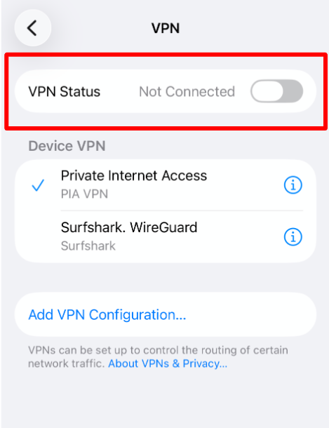 VPN profiles disabled or disconnected on the phone