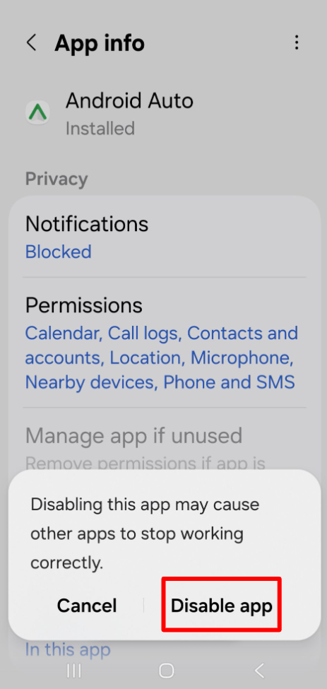 Android confirmation pop-up showing Disable App