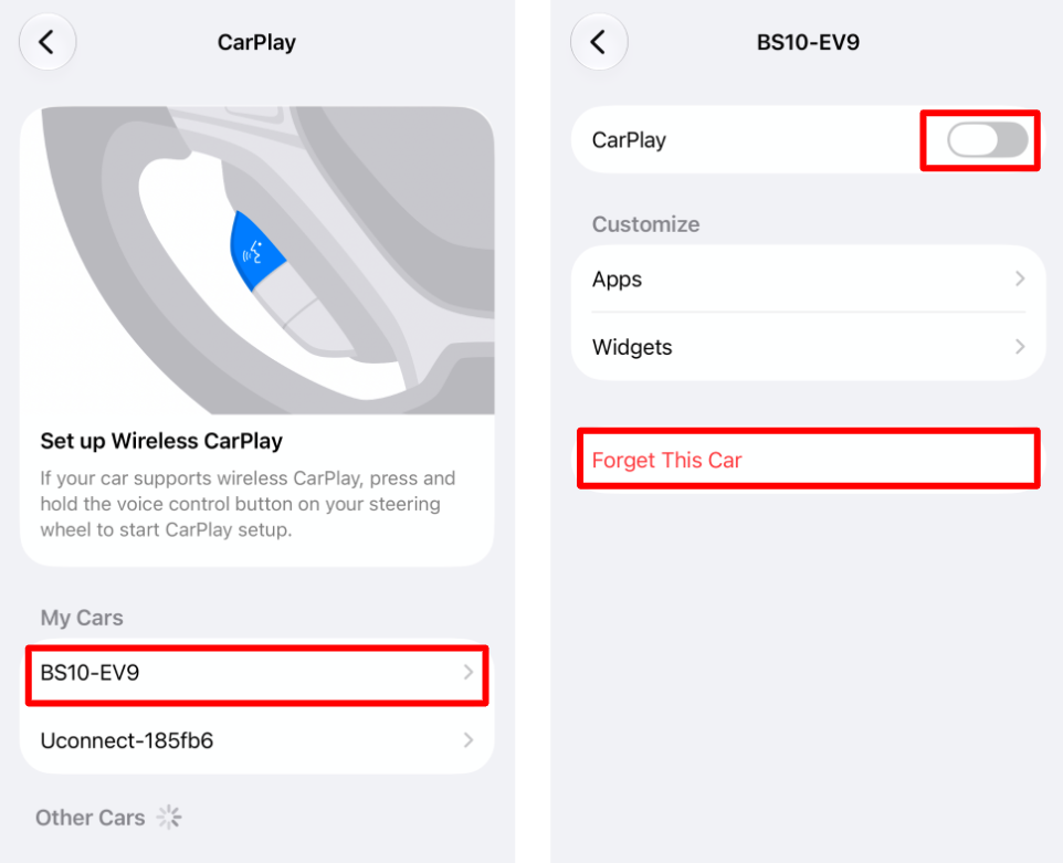 iPhone CarPlay vehicle list and Disable option & Forget This Car option highlighted