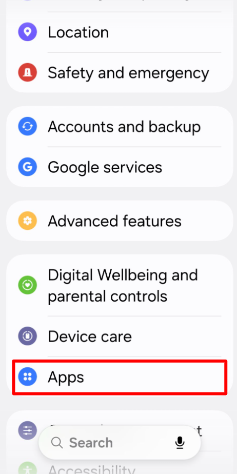 Android Settings with Apps highlighted