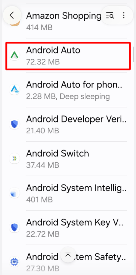 Android Apps list with Android Auto highlighted