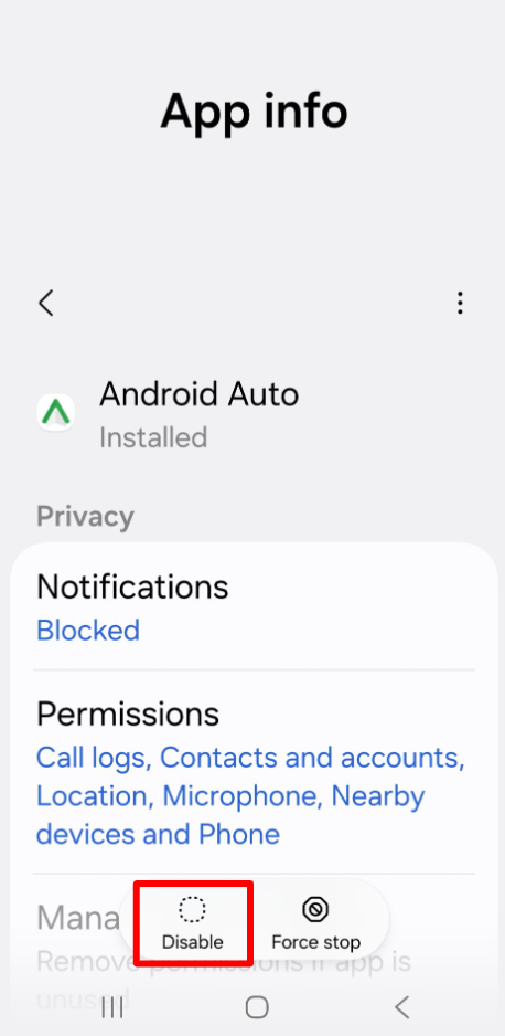 Disable button on the Android Auto app information screen