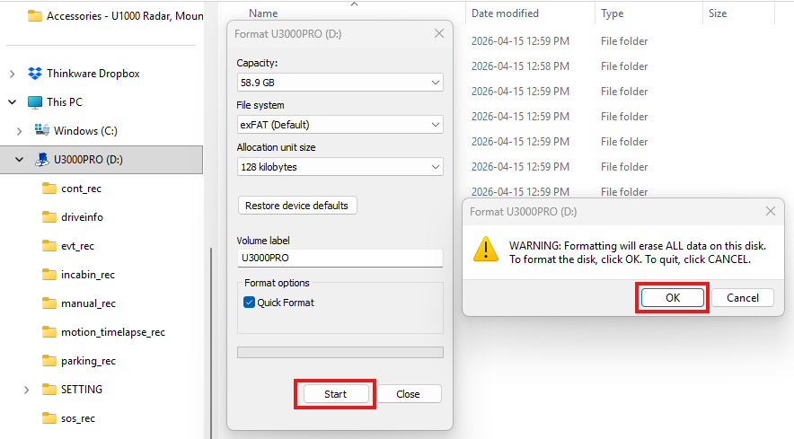 Windows format warning with OK highlighted