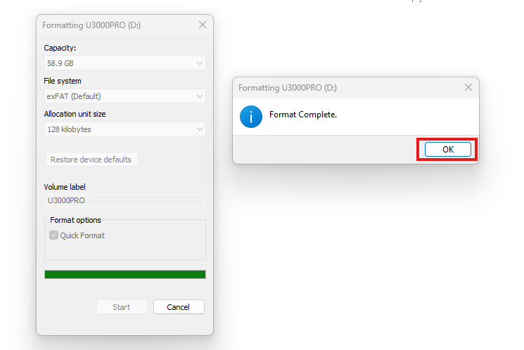 Windows Format Complete dialog with OK highlighted