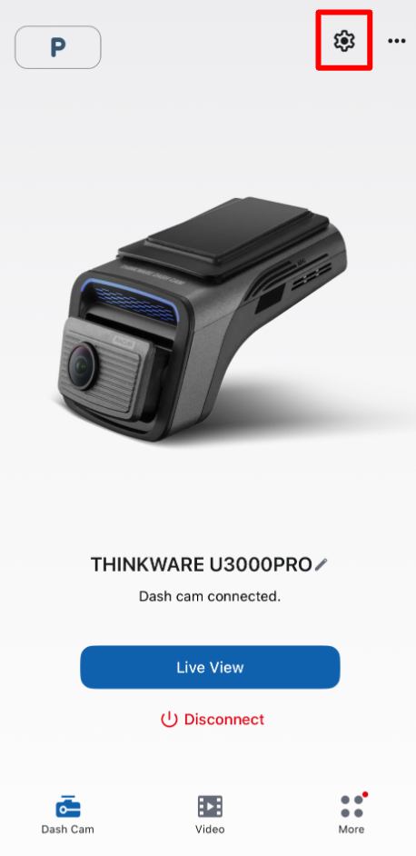 THINKWARE DASH CAM LINK connected screen with the gear icon