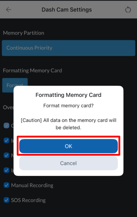 THINKWARE DASH CAM LINK Memory Card Settings and Format screens
