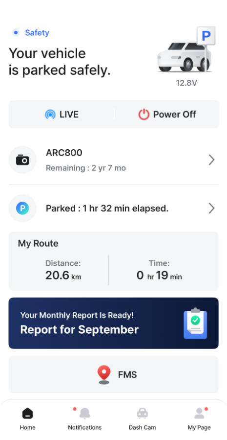 THINKWARE CONNECTED app interface displaying vehicle status and map location