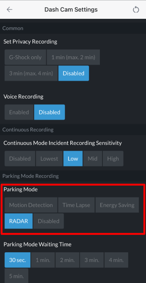 Parking Mode options under Dash Cam Settings and Record Settings
