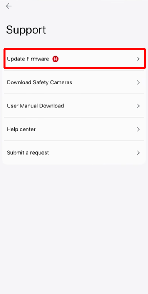 Support menu with Update Firmware highlighted